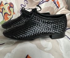 REBECCA WHITE Black Leather Woven Flats