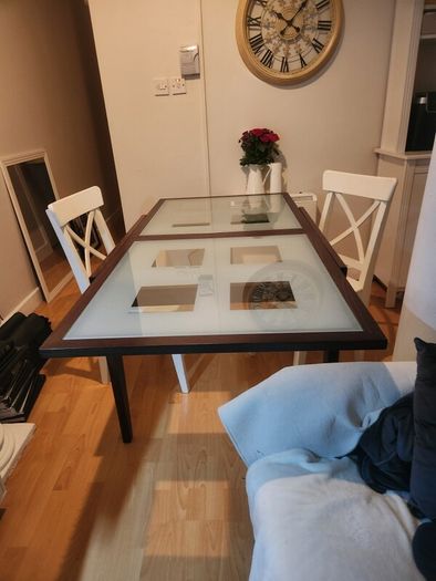 Extendable wood,  glass dining table set 3 white chairs