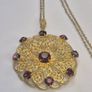 Vintage 1930s Art Deco Czech Purple Glass Pendant Necklace Goldtone Filigree Image 2