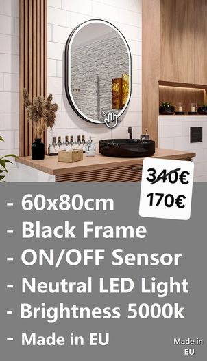 LED Bathroom Mirror 60x80cm Sensor Loft Bright Makeup Black Cover Frame