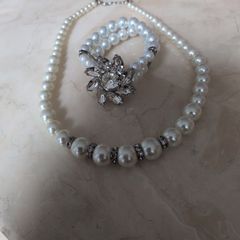 Pearl Necklace & Bracelet With Stone Pattern. . -   New.