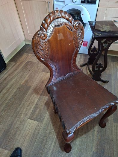 Antique Antique Carved Wooden Hall Chair Dark Mahogany,