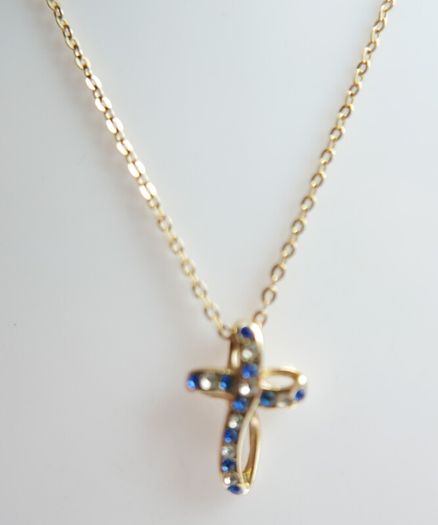 Vintage Gold Plated and Blue Austrian Crystal Cross Necklace length 16"