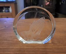 Vintage Glass Paperweight Etched Praying Hands