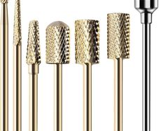 Nail Drill Bits Set Carbide Less Dust Professional 3/32 Inches Nail Bits Filing Acrylic Nails Gel Nails Down Removing Cuticle Tools for Electric Nail Files Drill Machine, 7pcs, Gold