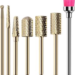 Nail Drill Bits Set Carbide Less Dust Professional 3/32 Inches Nail Bits Filing Acrylic Nails Gel Nails Down Removing Cuticle Tools for Electric Nail Files Drill Machine, 7pcs, Gold