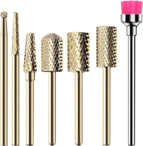 Nail Drill Bits Set Carbide Less Dust Professional 3/32 Inches Nail Bits Filing Acrylic Nails Gel Nails Down Removing Cuticle Tools for Electric Nail Files Drill Machine, 7pcs, Gold