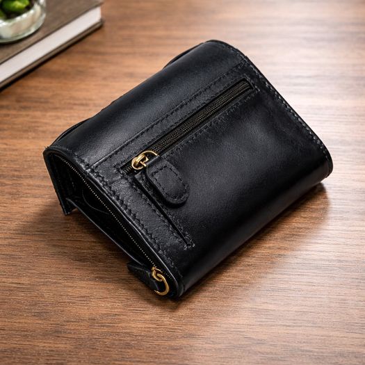 Premium Genuine Leather Wallet for Women Stylish Black Clutch Wallet with Button Closure