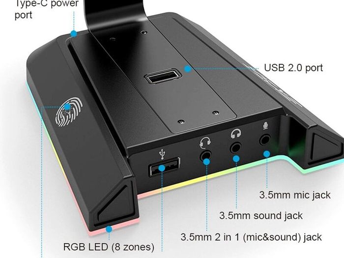 W1 RGB Headphones Stand Gaming Headset Stand with 7.1 Surround Sound, Desktop Headphone Holder with 3.5mm Aux and 2 USB Ports, Aluminum PC Gamer Headset Accessories