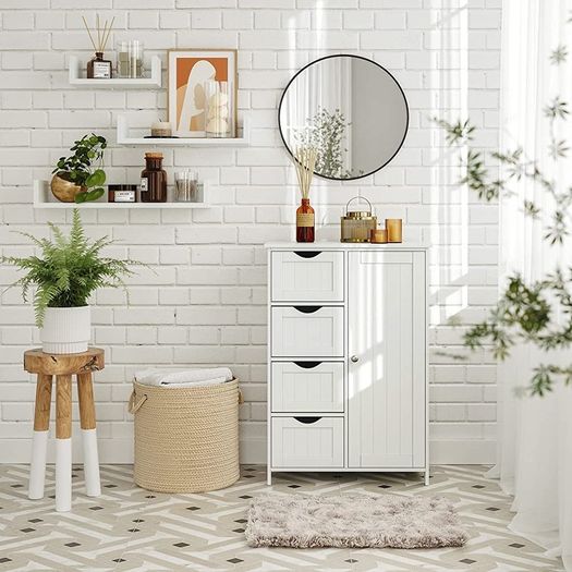 Bathroom Floor Storage Cabinet, Wooden Storage Unit with 4 Drawers, Single Door, Adjustable Shelf, for Living Room, Kitchen, Entryway (FREE SHIPPING)