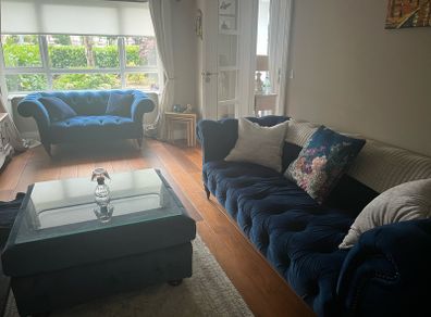 3 & 2 seater navy velvet chesterfield style couches with matching footstool with removable glass top