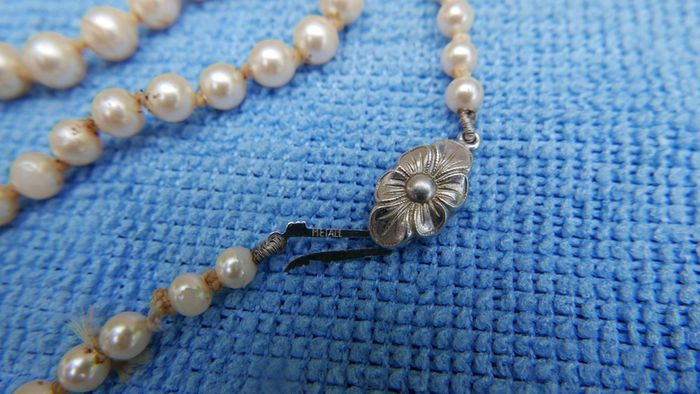 Vintage 60's Long Hand Knotted Faux Cream Pearl? Necklace Sterling Silver 925 Clasp