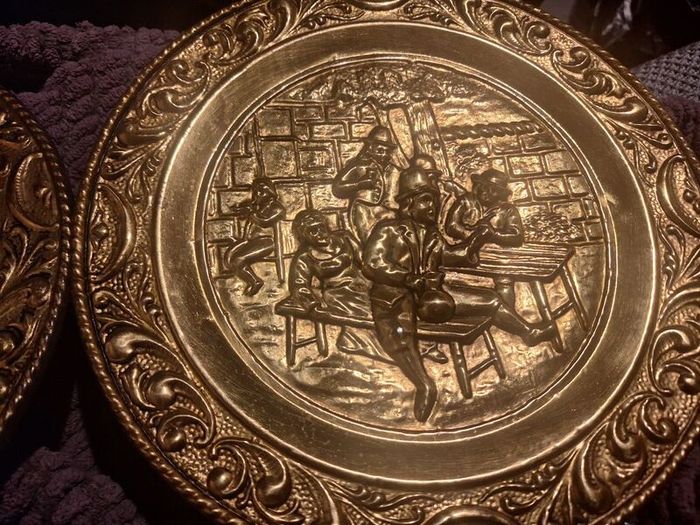 Vintage Embossed Brass Wall Hanging Plates Pair Tavern Pub Scene