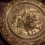 Vintage Embossed Brass Wall Hanging Plates Pair Tavern Pub Scene Image 3