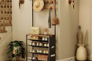 Coat Stand, Coat Rack with Shoe Storage, Hall Tree with Tiltable Mesh Shelves, 4 Removable Hooks, Side Storage Pocket, Shoe and Coat Rack for Hallway, Living Room, Rustic Brown
