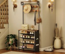 Coat Stand, Coat Rack with Shoe Storage, Hall Tree with Tiltable Mesh Shelves, 4 Removable Hooks, Side Storage Pocket, Shoe and Coat Rack for Hallway, Living Room, Rustic Brown