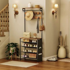Coat Stand, Coat Rack with Shoe Storage, Hall Tree with Tiltable Mesh Shelves, 4 Removable Hooks, Side Storage Pocket, Shoe and Coat Rack for Hallway, Living Room, Rustic Brown