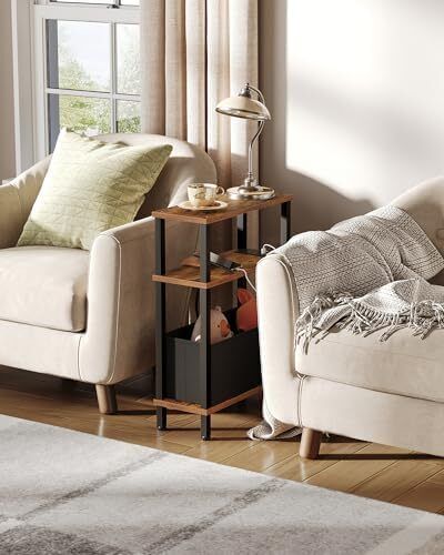 Slim Side Table with Charging Station, 3-Tier Narrow Side Table with Drawer, Skinny Bedside Table, End Table for Small Spaces, for Bedroom