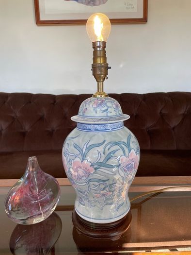 Pretty Oriental Pastel Floral Ginger Jar Lamp Base with Wooden Plinth Base