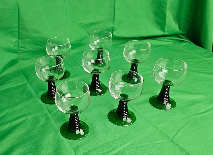 Set of eight antique Luminarc France glasses with green, ribbed stems