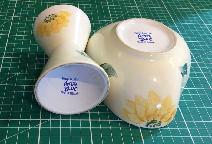 Avoca Blue Sunflowers Hand Painted Signed Candle Holder & Trinkets Bowl