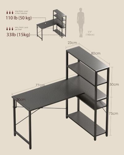 Computer Desk with Bookshelf, Corner Desk with Conversible Shelves, L Shaped Desk, Home Office Desks, Writing Study Desk for Bedroom,100 x 80cm, Black