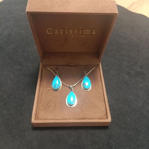 Vintage Sterling Silver Turquoise Teardrop Pendant Necklace & Earring Set Boxed