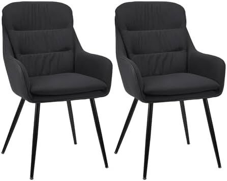 Dining Chair Set of 2 with backrests, Thick Padded Seat armchairs, Easy-Clean Faux Leather and Linen, Sturdy Metal Legs kitchen chairs for Dining and Living Room(Black)