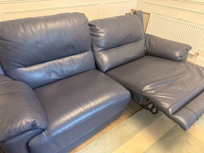 Blue Leather DFS Recliner Sofa & Footstool