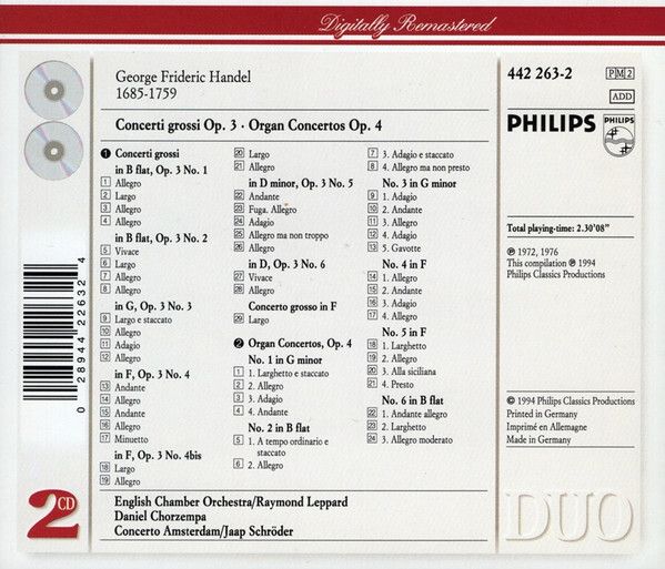 Free Postage! Handel: Concerti Grossi, Op. 3/Organ Concertos, Op. 4. 2 x CD.