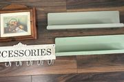 Vintage Shabby-Chic Wall Organizer Set, Accessory Hook Rack + 2 Sage Metal Shelf