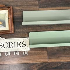 Vintage Shabby-Chic Wall Organizer Set, Accessory Hook Rack + 2 Sage Metal Shelf