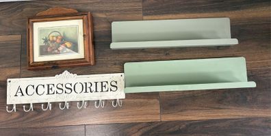 Vintage Shabby-Chic Wall Organizer Set, Accessory Hook Rack + 2 Sage Metal Shelf