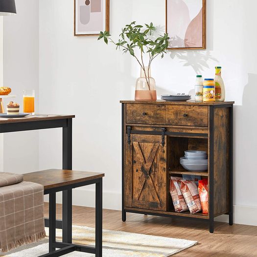 Sideboard with Shelf and Drawer, Kitchen Cabinet, Chest of Drawers with Sliding Door in Country House Style, Industrial Design, Vintage Brown/Black