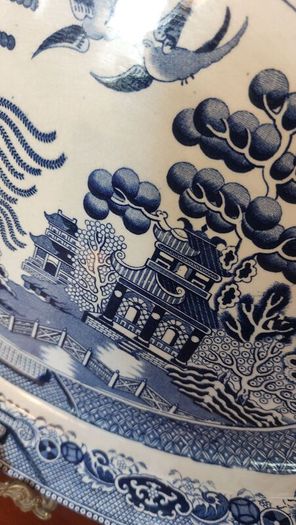 Beautiful Antique Blue and White Transferware Willow Pattern Large Oval Platter, Unknown Maker, Probably Staffordshire-Made