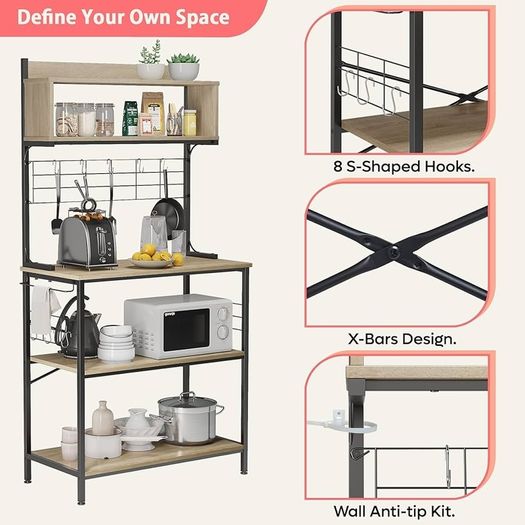 80cm Bread Rack & Microwave Rack with 4 Shelves, Multi-functional Coffee Bar Shelf, 8 Side Hooks, Open Shelf Suitable for Kitchens, Dining Rooms, Living Rooms (oak)