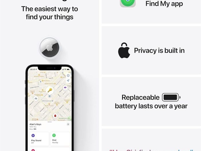 AirTag. Track your keys, wallet, luggage, backpack. Replaceable battery. Water-resistant. One-tap set up with iPhone or iPad.