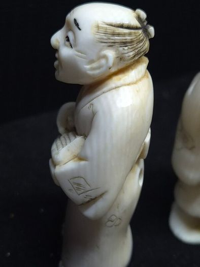 Antique Chinese Hand Carved Scholar Figures Signed Pair