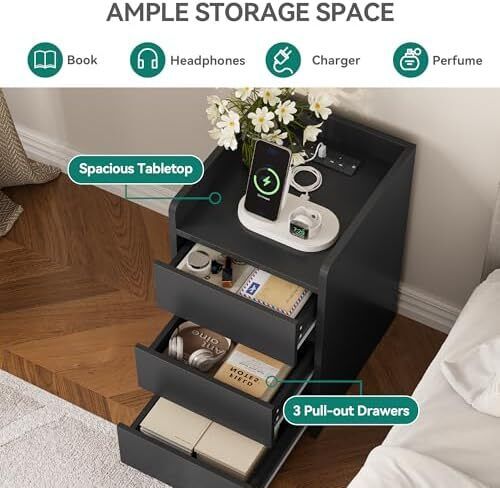 Bedside Table with 3 Drawers and Power Station, Modern Nightstand End Table, Water-Resistant Storage Side Table for Living Room and Bedroom, 35 x 40 x 59cm (Black)