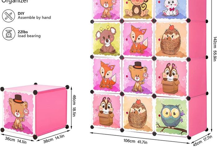 Cartoon Clothes Closet Wardrobe DIY Modular Storage Organizer, Sturdy and Safe for Children, 8 Cubes & 2 Hanging Sections, Pink, 110 x 47 x 147 cm