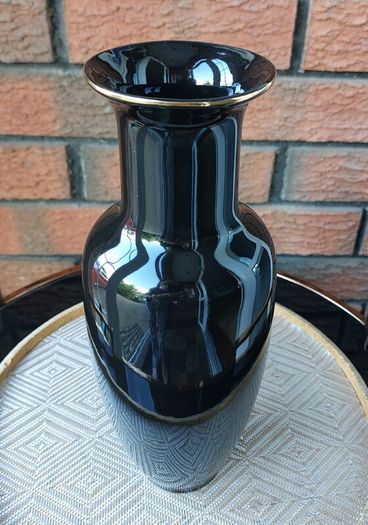 Japanese "Interpur" Ceramic Black Peacock/Floral Vase