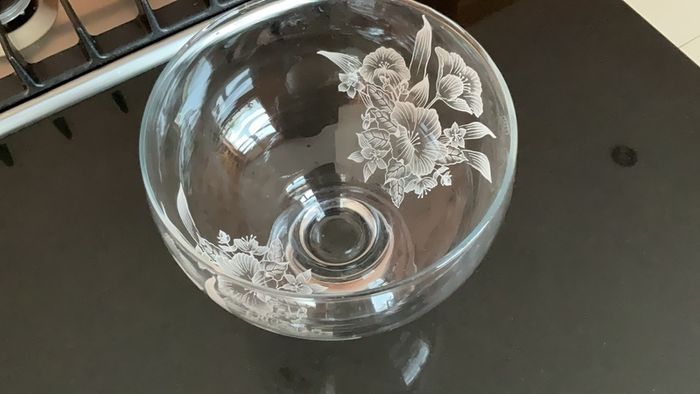 Vintage footed etched glass bowl with floral design