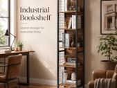 Tall Industrial Bookshelf with 6 Shelves and Hooks Rustic Brown and Black
