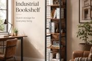 Tall Industrial Bookshelf with 6 Shelves and Hooks Rustic Brown and Black