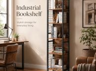 main image for ad Tall Industrial Bookshelf with 6 Shelves and Hooks Rustic Brown and Black