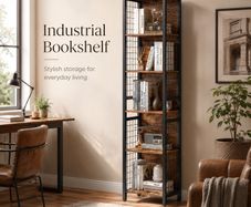 Tall Industrial Bookshelf with 6 Shelves and Hooks Rustic Brown and Black