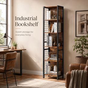 Tall Industrial Bookshelf with 6 Shelves and Hooks Rustic Brown and Black