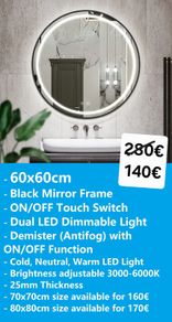 LED Bathroom Mirror 60cm Black Frame Antifog