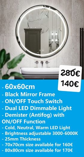LED Bathroom Mirror Black Frame 60cm Demister