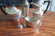 Collection antique silver plate tea set and cocktail shaker